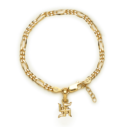 22KT gold plated 92.5% pure Sterling Silver Figaro Designer Bracelet with Charm Swastik for Girls and Women