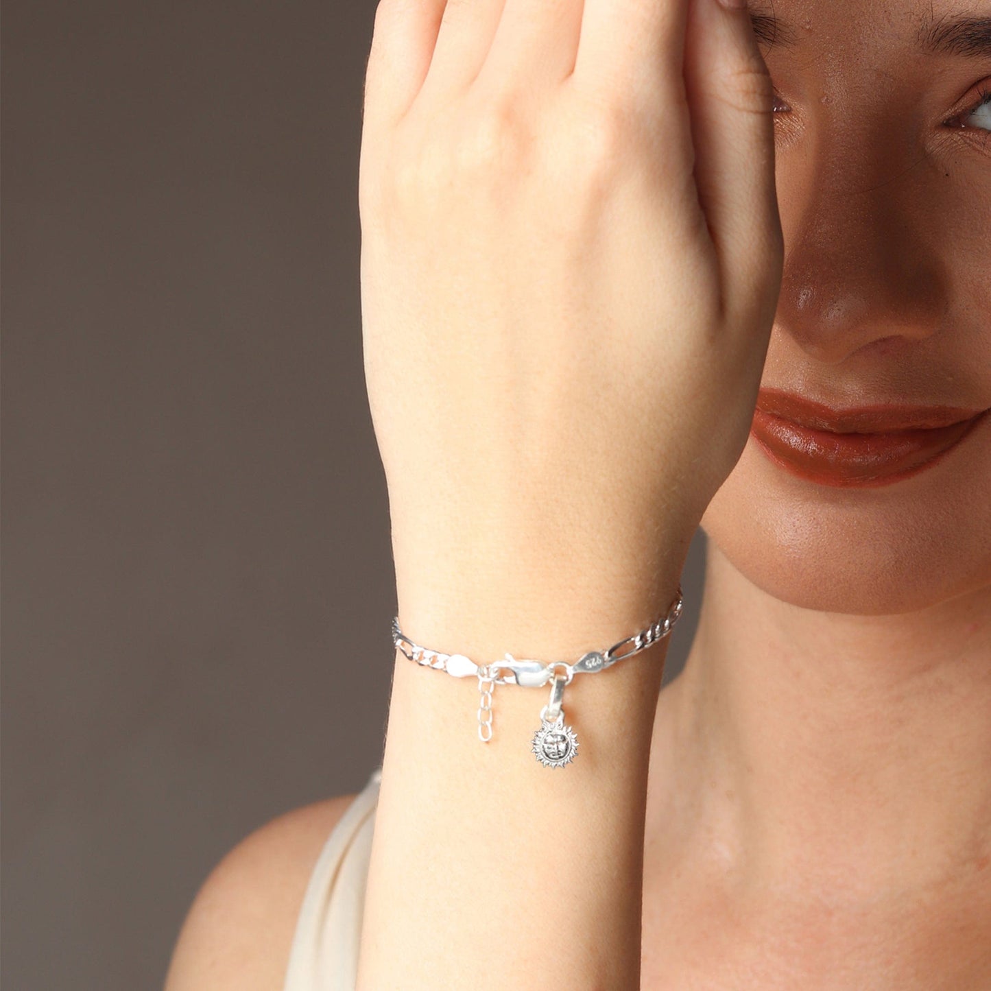92.5% pure Sterling Silver Figaro Designer Bracelet with Charm Surya for Girls and Women