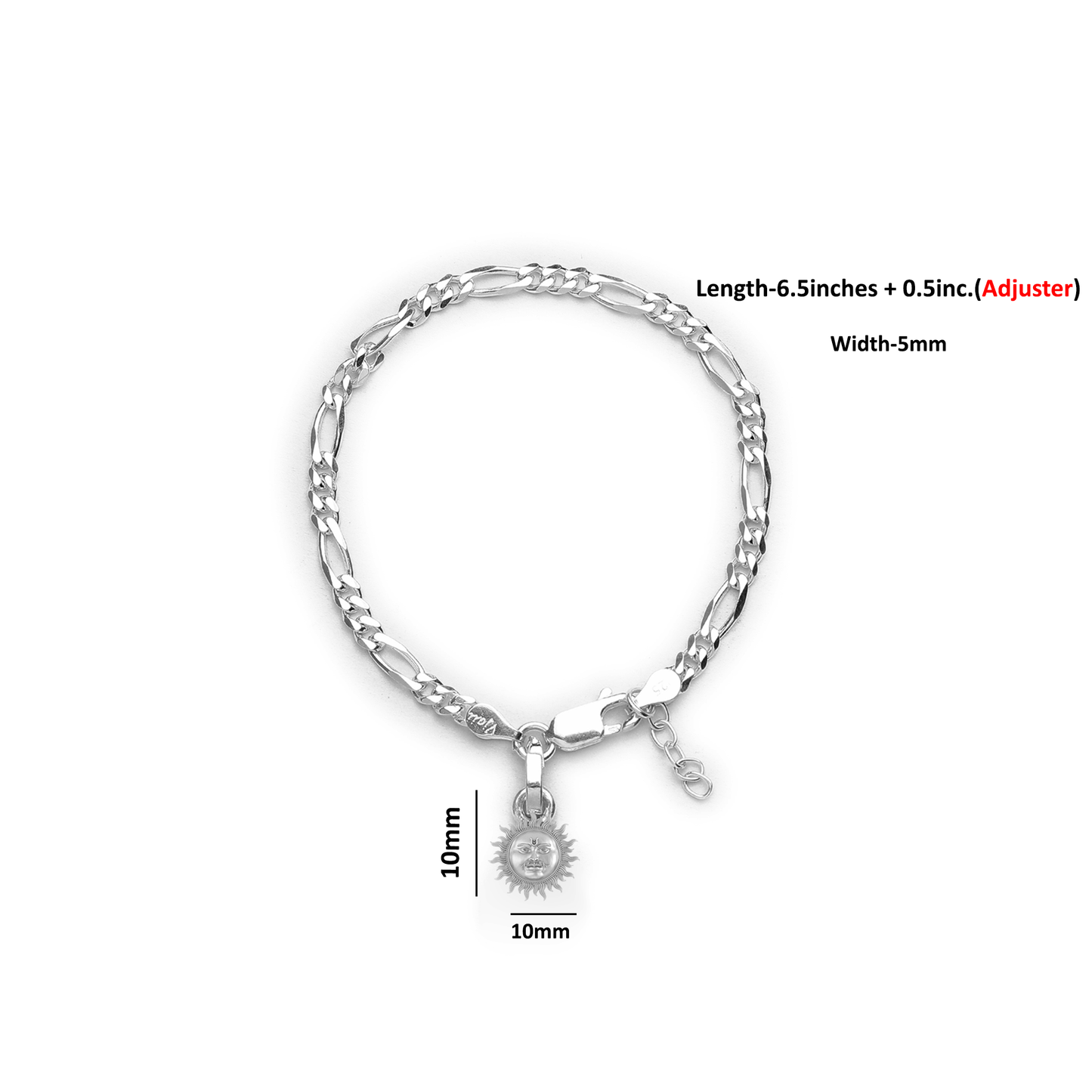 92.5% pure Sterling Silver Figaro Designer Bracelet with Charm Surya for Girls and Women