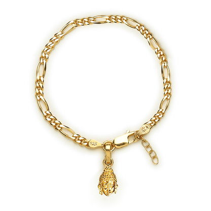 22KT gold plated 92.5% pure Sterling Silver Figaro Designer Bracelet with Charm Buddha for Girls and Women