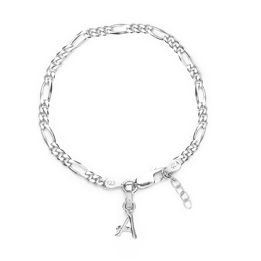 Akshat Sapphire 92.5% pure Sterling Silver Figaro Designer Bracelet with A Alphabet for Girls and women