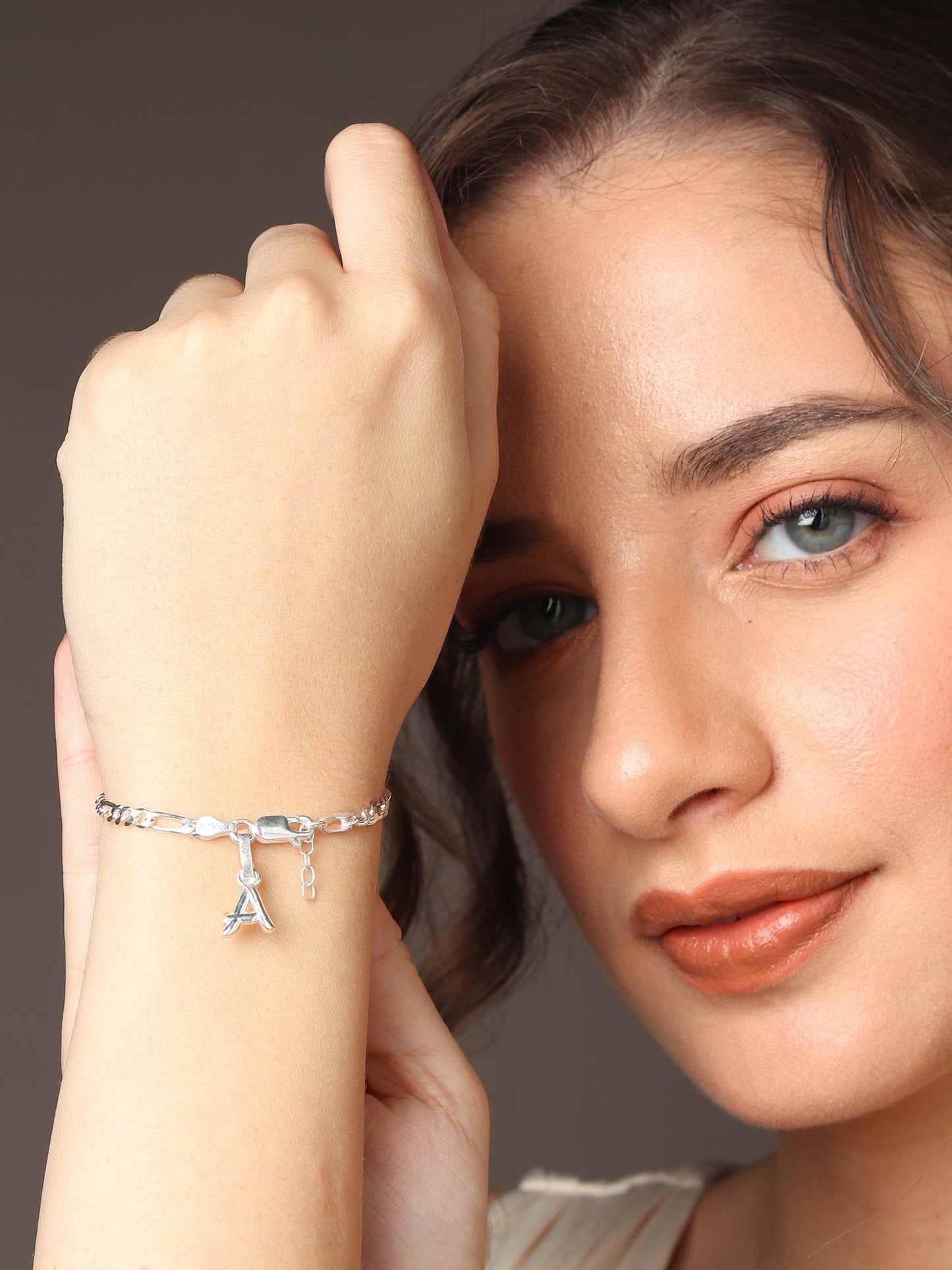 Akshat Sapphire 92.5% pure Sterling Silver Figaro Designer Bracelet with A Alphabet for Girls and women