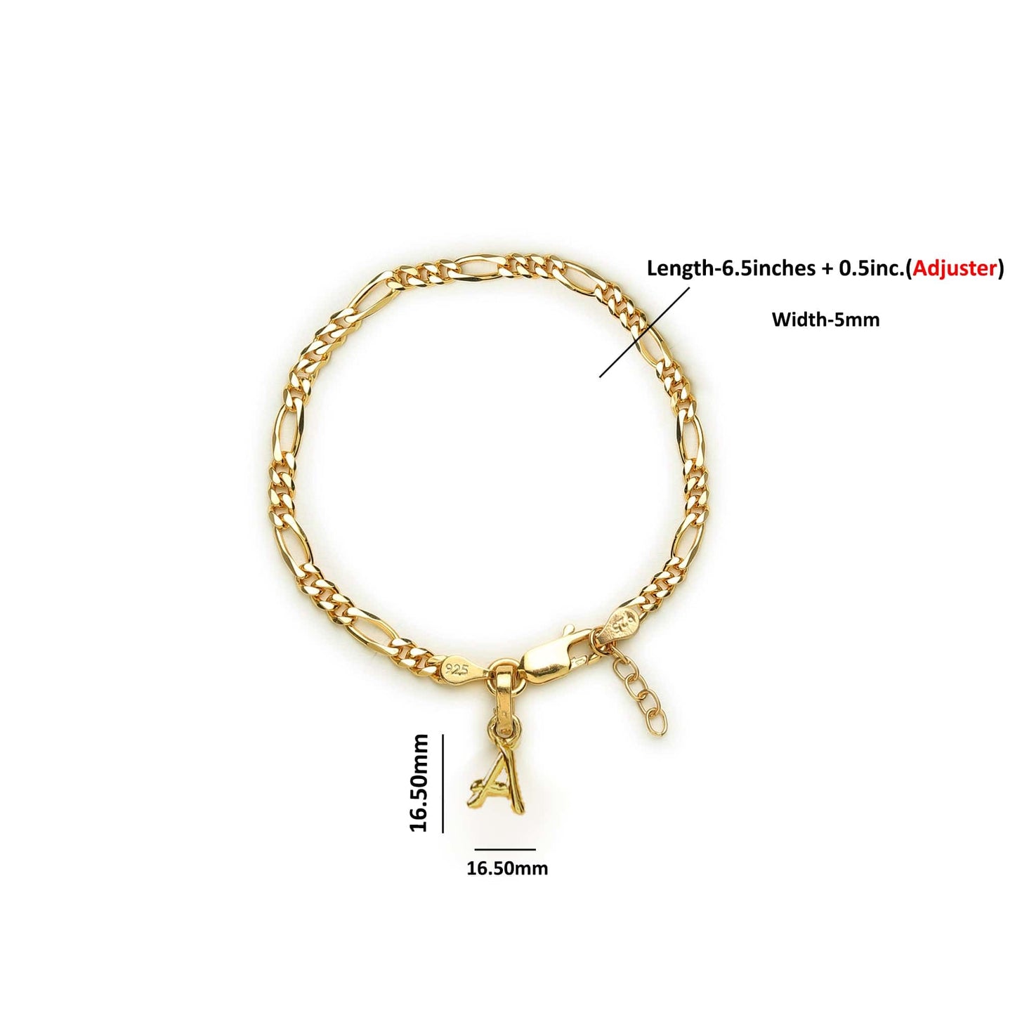Akshat Sapphire 22KT gold plated 92.5% pure Sterling Silver Figaro Designer Bracelet with A Alphabet for Girls and Women