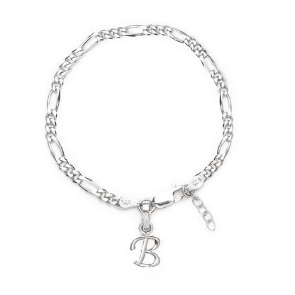 Akshat Sapphire 92.5% pure Sterling Silver Figaro Designer Bracelet with B Alphabet for Girls and women