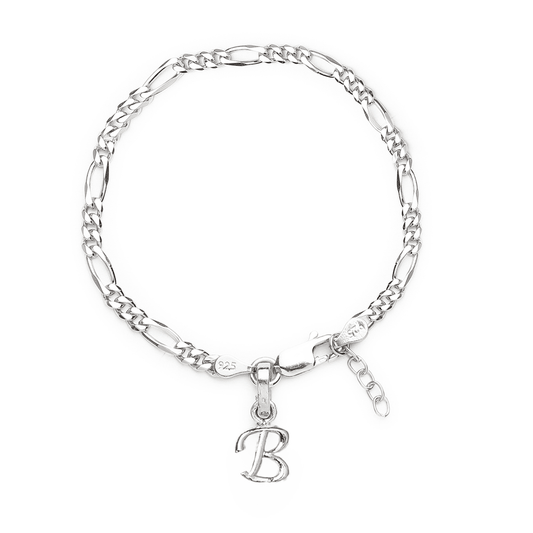 Akshat Sapphire 92.5% pure Sterling Silver Figaro Designer Bracelet with B Alphabet for Girls and women