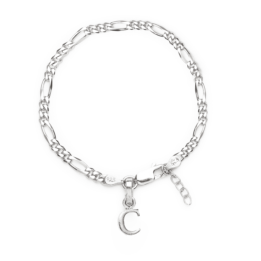 Akshat Sapphire 92.5% pure Sterling Silver Figaro Designer Bracelet with C Alphabet for Girls and women