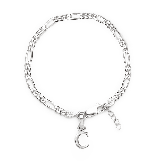 Akshat Sapphire 92.5% pure Sterling Silver Figaro Designer Bracelet with C Alphabet for Girls and women
