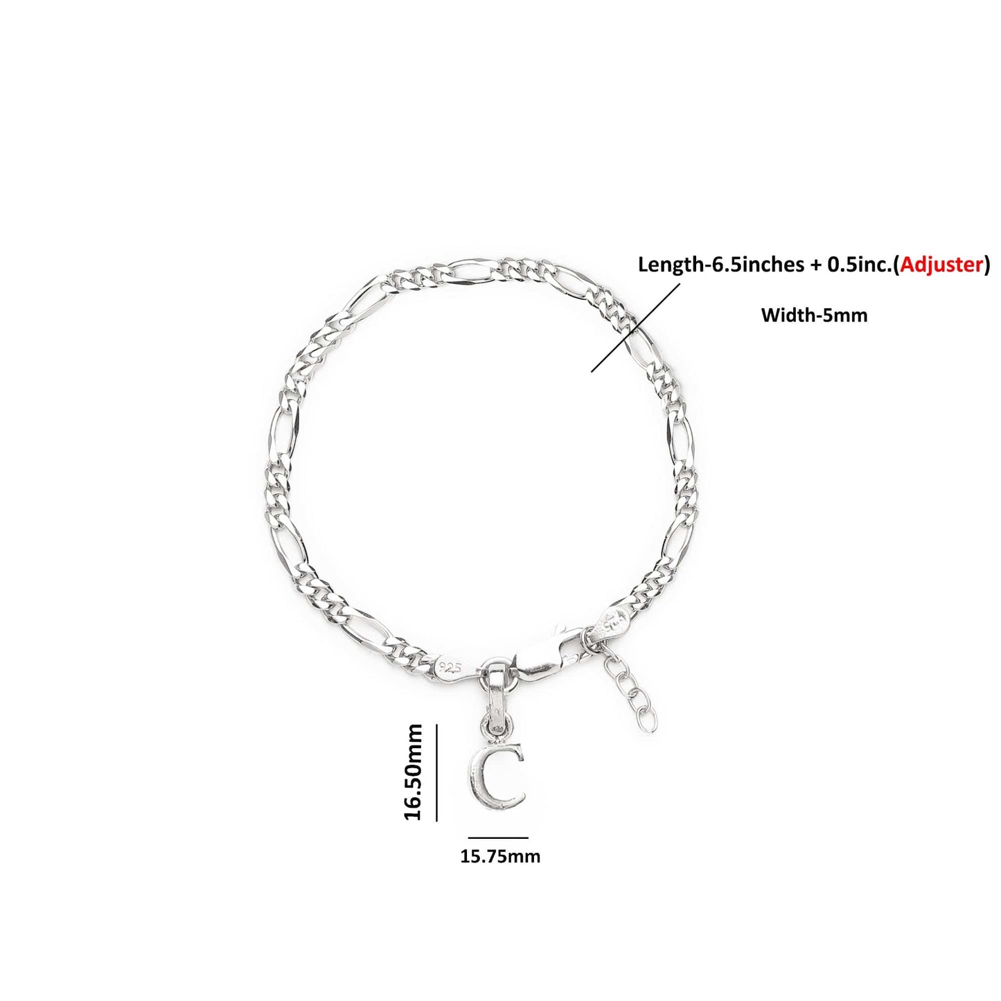 Akshat Sapphire 92.5% pure Sterling Silver Figaro Designer Bracelet with C Alphabet for Girls and women