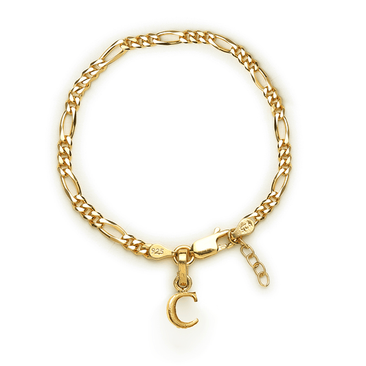 Akshat Sapphire 22KT gold plated 92.5% pure Sterling Silver Figaro Designer Bracelet with C Alphabet for Girls and Women