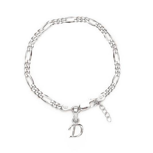 Akshat Sapphire 92.5% pure Sterling Silver Figaro Designer Bracelet with D Alphabet for Girls and women