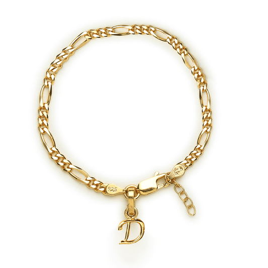 Akshat Sapphire 22KT gold plated 92.5% pure Sterling Silver Figaro Designer Bracelet with D Alphabet for Girls and Women