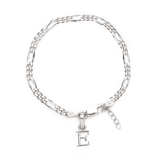 Akshat Sapphire 92.5% pure Sterling Silver Figaro Designer Bracelet with E Alphabet for Girls and women
