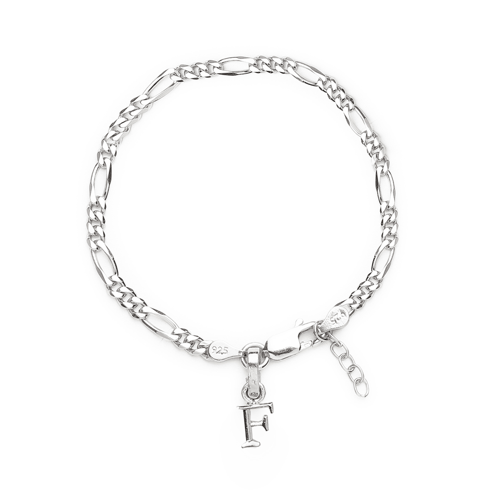 Akshat Sapphire 92.5% pure Sterling Silver Figaro Designer Bracelet with F Alphabet for Girls and women