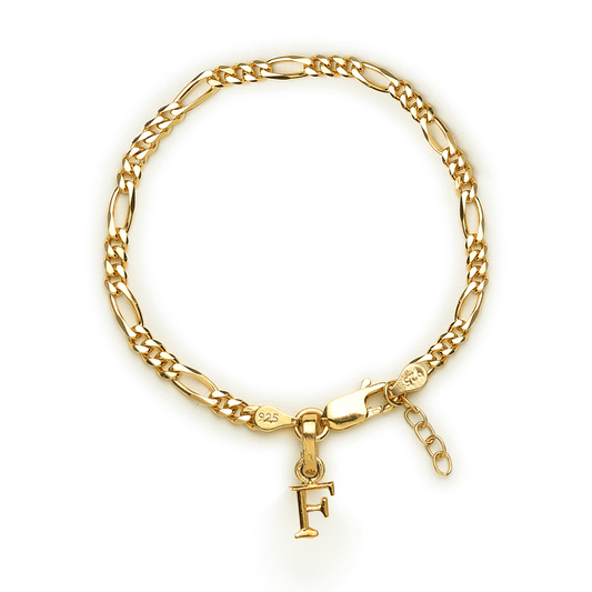 Akshat Sapphire 22KT gold plated 92.5% pure Sterling Silver Figaro Designer Bracelet with F Alphabet for Girls and Women