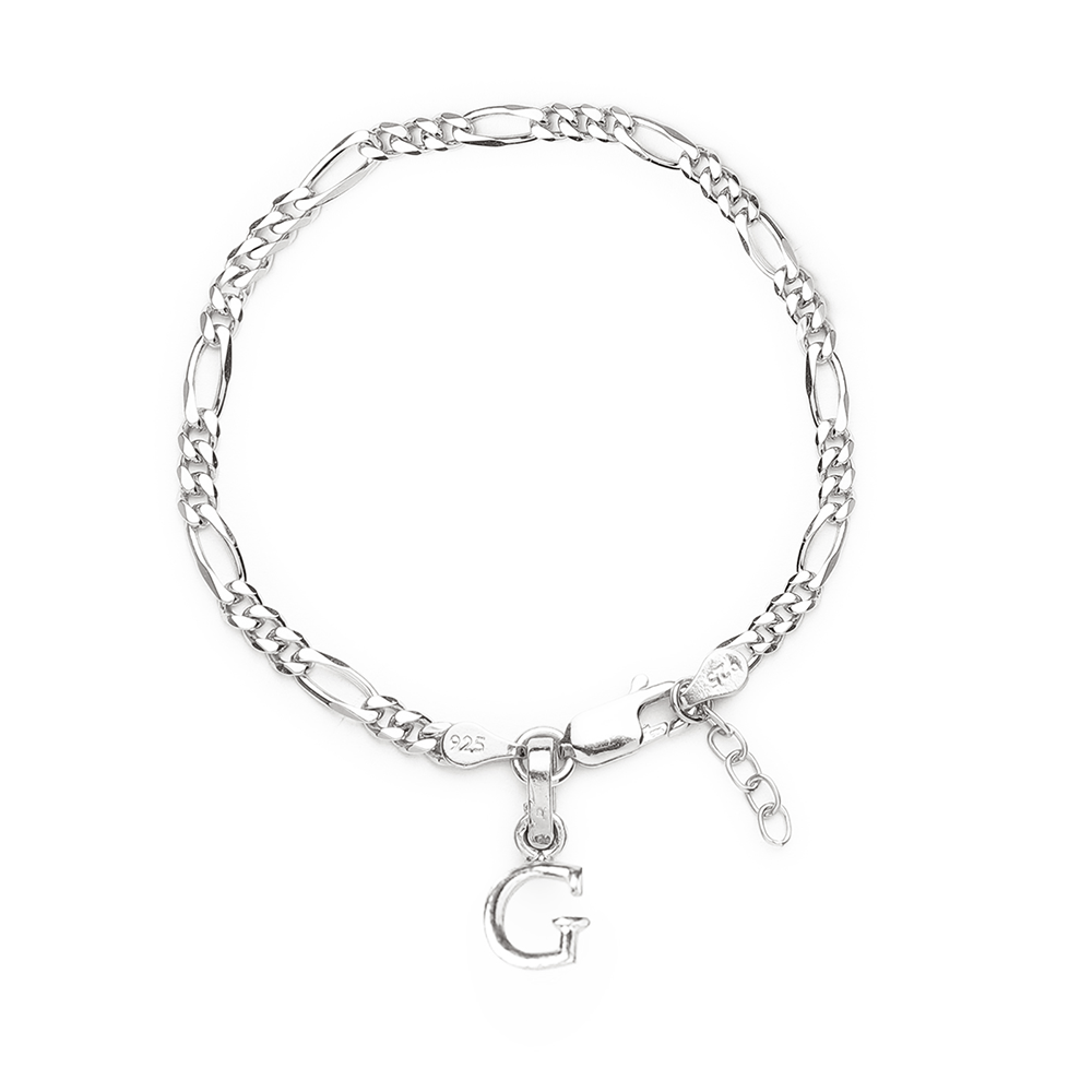 Akshat Sapphire 92.5% pure Sterling Silver Figaro Designer Bracelet with G Alphabet for Girls and women