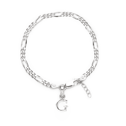 Akshat Sapphire 92.5% pure Sterling Silver Figaro Designer Bracelet with G Alphabet for Girls and women