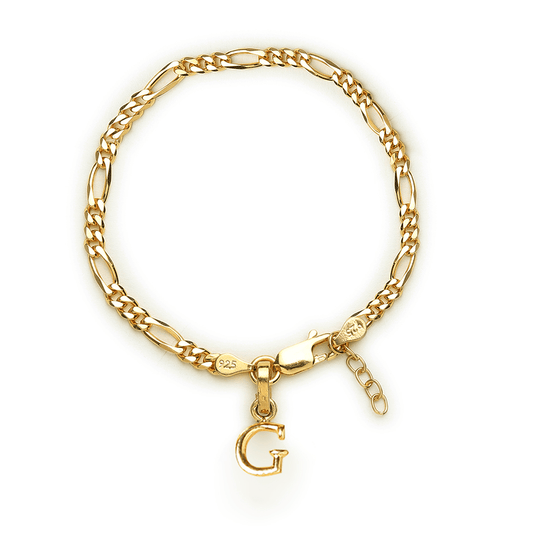 Akshat Sapphire 22KT gold plated 92.5% pure Sterling Silver Figaro Designer Bracelet with G Alphabet for Girls and Women
