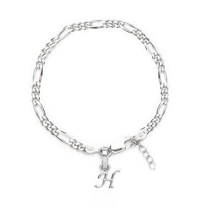 Akshat Sapphire 92.5% pure Sterling Silver Figaro Designer Bracelet with H Alphabet for Girls and women