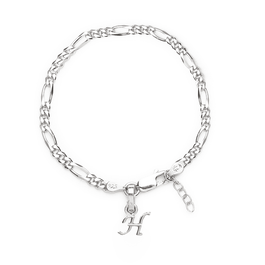 Akshat Sapphire 92.5% pure Sterling Silver Figaro Designer Bracelet with H Alphabet for Girls and women