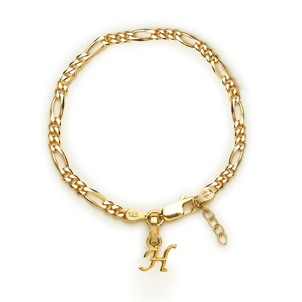 Akshat Sapphire 22KT gold plated 92.5% pure Sterling Silver Figaro Designer Bracelet with H Alphabet for Girls and Women