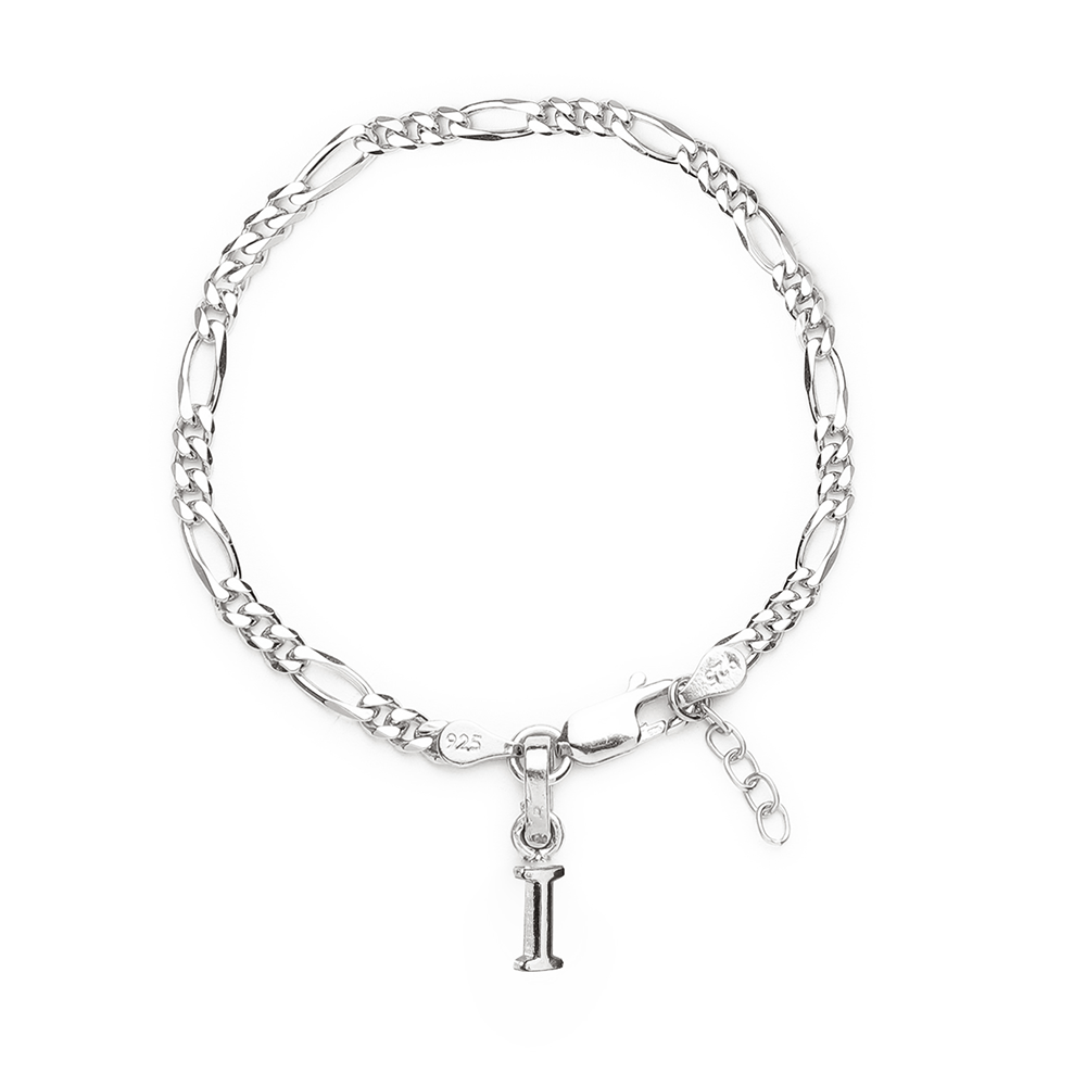 92.5% pure Sterling Silver Figaro Designer Bracelet with I Alphabet for Girls and women