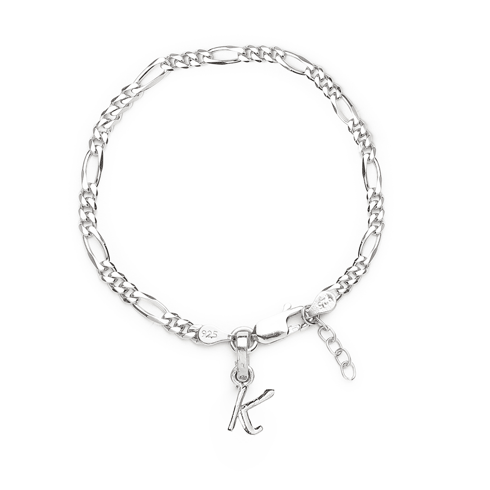 Akshat Sapphire 92.5% pure Sterling Silver Figaro Designer Bracelet with K Alphabet for Girls and women