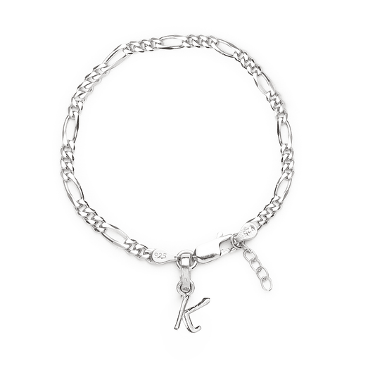 Akshat Sapphire 92.5% pure Sterling Silver Figaro Designer Bracelet with K Alphabet for Girls and women
