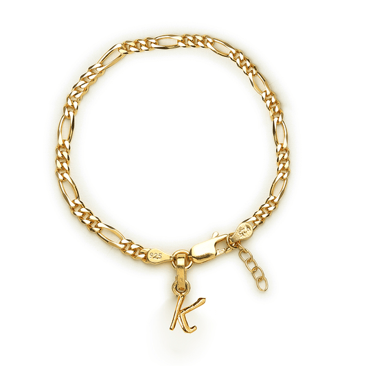 Akshat Sapphire 22KT gold plated 92.5% pure Sterling Silver Figaro Designer Bracelet with K Alphabet for Girls and Women