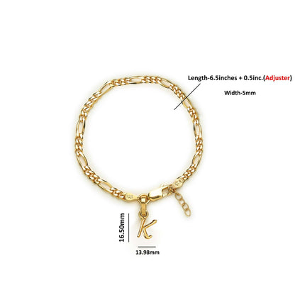 22KT gold plated 92.5% pure Sterling Silver Figaro Designer Bracelet with K Alphabet for Girls and Women
