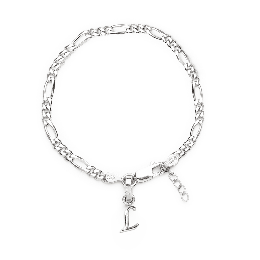 Akshat Sapphire 92.5% pure Sterling Silver Figaro Designer Bracelet with L Alphabet for Girls and women