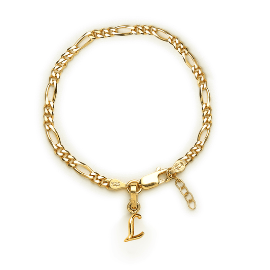 Akshat Sapphire 22KT gold plated 92.5% pure Sterling Silver Figaro Designer Bracelet with L Alphabet for Girls and Women