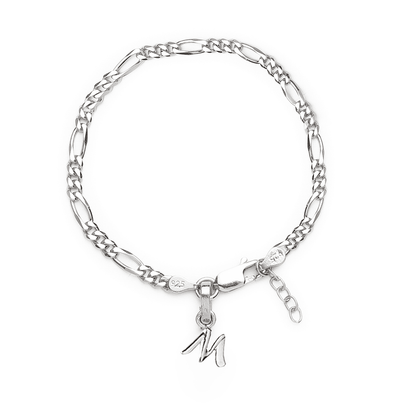 92.5% pure Sterling Silver Figaro Designer Bracelet with M Alphabet for Girls and women