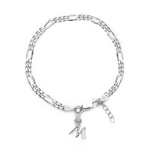 Akshat Sapphire 92.5% pure Sterling Silver Figaro Designer Bracelet with M Alphabet for Girls and women