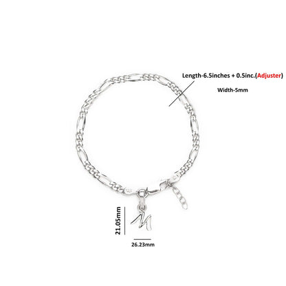 92.5% pure Sterling Silver Figaro Designer Bracelet with M Alphabet for Girls and women