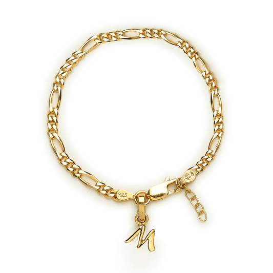 Akshat Sapphire 22KT gold plated 92.5% pure Sterling Silver Figaro Designer Bracelet with M Alphabet for Girls and Women