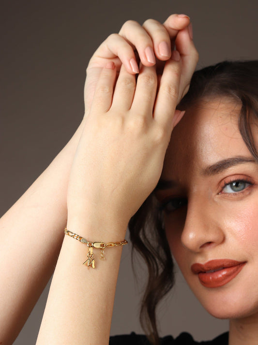 Akshat Sapphire 22KT gold plated 92.5% pure Sterling Silver Figaro Designer Bracelet with M Alphabet for Girls and Women