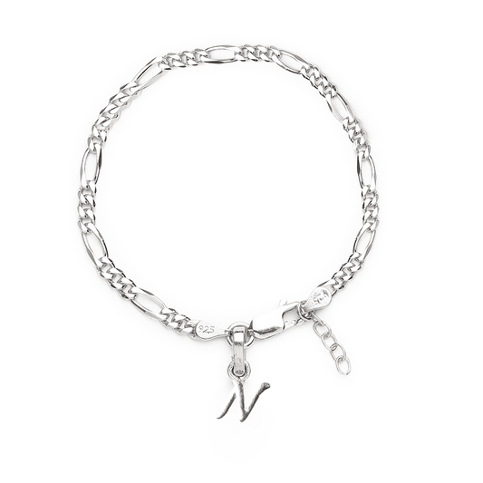 Akshat Sapphire 92.5% pure Sterling Silver Figaro Designer Bracelet with N Alphabet for Girls and women