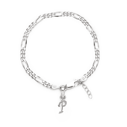 Akshat Sapphire 92.5% pure Sterling Silver Figaro Designer Bracelet with P Alphabet for Girls and women