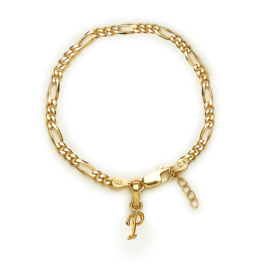 Akshat Sapphire 22KT gold plated 92.5% pure Sterling Silver Figaro Designer Bracelet with P Alphabet for Girls and Women