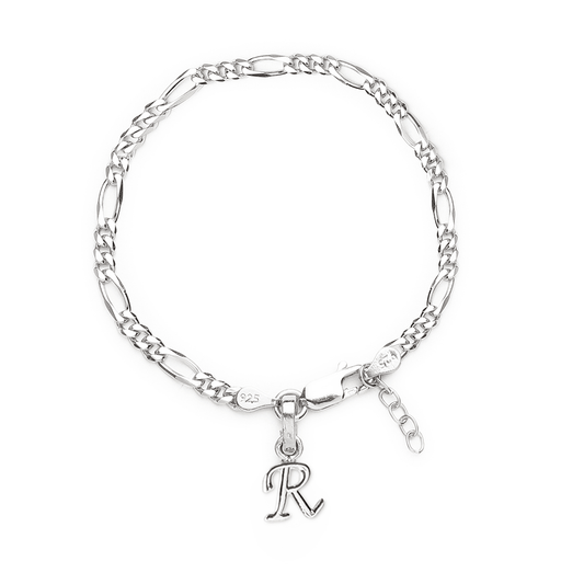 Akshat Sapphire 92.5% pure Sterling Silver Figaro Designer Bracelet with R Alphabet for Girls and women