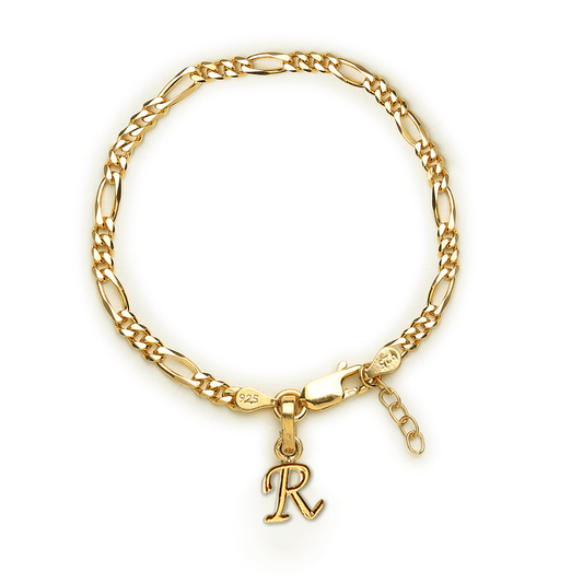 Akshat Sapphire 22KT gold plated 92.5% pure Sterling Silver Figaro Designer Bracelet with R Alphabet for Girls and Women