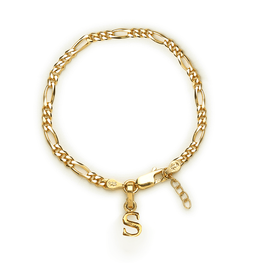 Akshat Sapphire 22KT gold plated 92.5% pure Sterling Silver Figaro Designer Bracelet with S Alphabet for Girls and Women