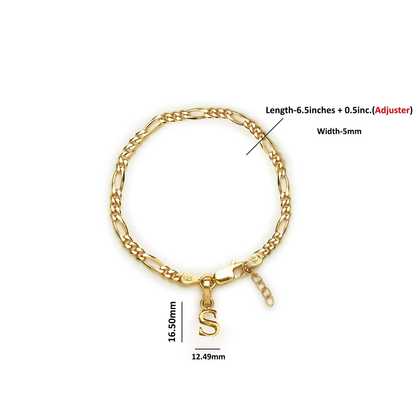 Akshat Sapphire 22KT gold plated 92.5% pure Sterling Silver Figaro Designer Bracelet with S Alphabet for Girls and Women