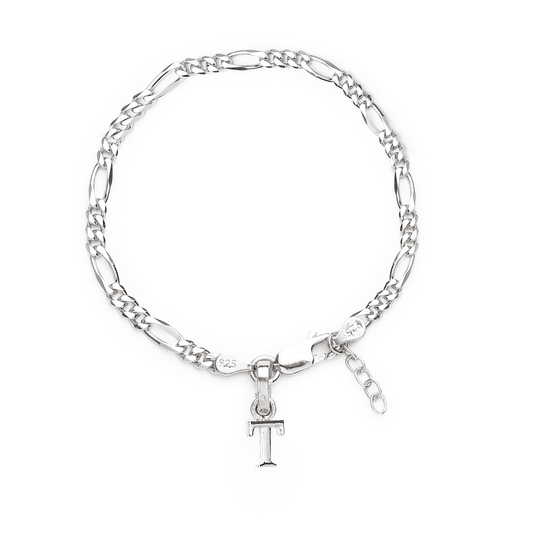 Akshat Sapphire 92.5% pure Sterling Silver Figaro Designer Bracelet with T Alphabet for Girls and women