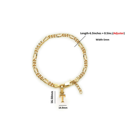 Akshat Sapphire 22KT gold plated 92.5% pure Sterling Silver Figaro Designer Bracelet with T Alphabet for Girls and Women