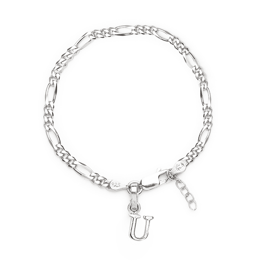 Akshat Sapphire 92.5% pure Sterling Silver Figaro Designer Bracelet with U Alphabet for Girls and women