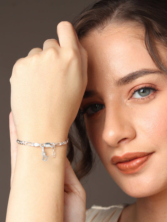 Akshat Sapphire 92.5% pure Sterling Silver Figaro Designer Bracelet with U Alphabet for Girls and women