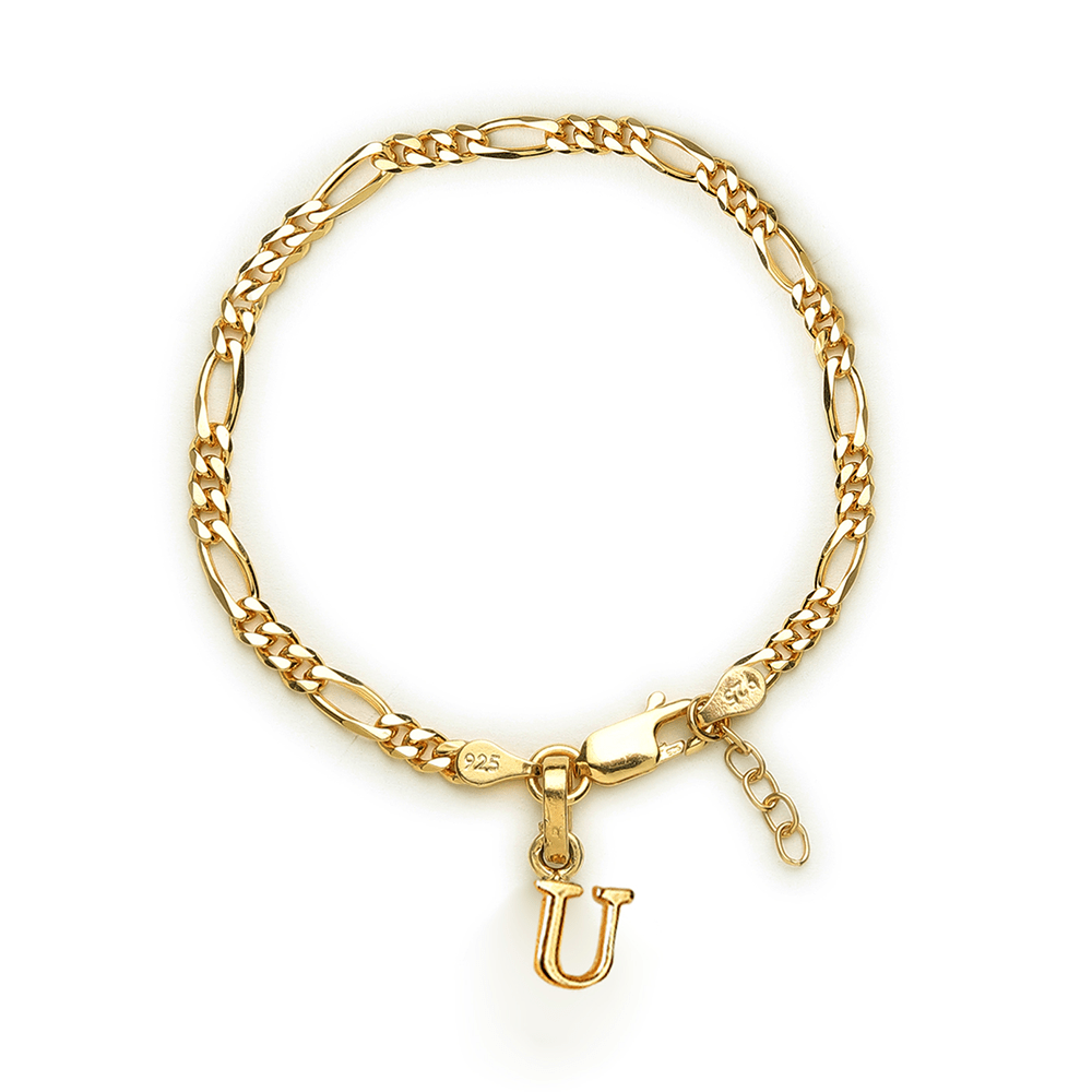 Akshat Sapphire 22KT gold plated 92.5% pure Sterling Silver Figaro Designer Bracelet with U Alphabet for Girls and Women