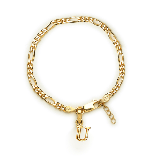 Akshat Sapphire 22KT gold plated 92.5% pure Sterling Silver Figaro Designer Bracelet with U Alphabet for Girls and Women