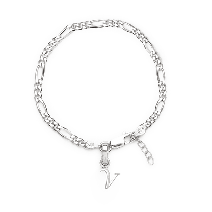 Akshat Sapphire 92.5% pure Sterling Silver Figaro Designer Bracelet with V Alphabet for Girls and women